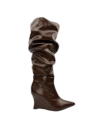 Elise - Bota Cano Longo Slouch Bico Fino Salto Anabela Café