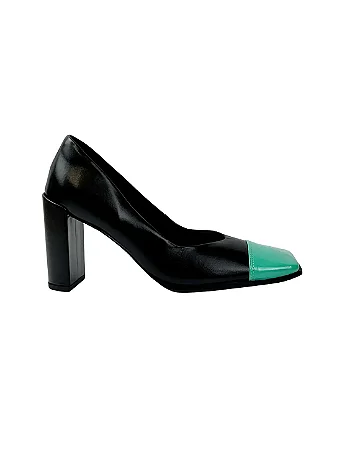 Gabrielle - Sapato Scarpin Bico Quadrado Preto/Turquesa