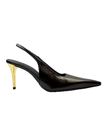 Izabel - Sapato Slingback Bico Fino Salto Fino em Metal Dourado Preto