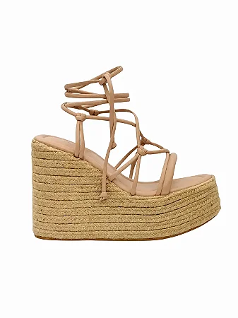 Amália - Sandália Feminina Espadrille Salto Anabela Ráfia Tiras em Amarração Nude