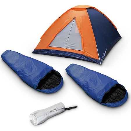 Kit Camping Barraca Panda 4 pessoas + 2 Saco De Dormir Micron 5°C A 8°C Azul + Brinde Lanterna Blitz