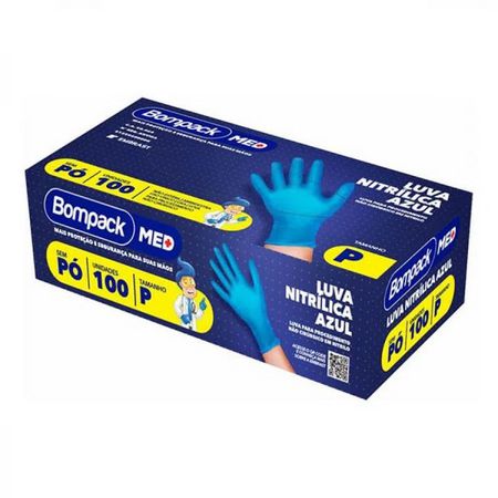 Luva Descartável Nitrílica Azul Bompack Caixa Com 100 unidades