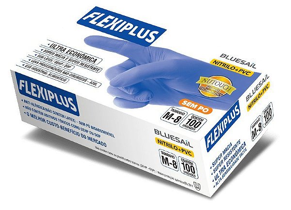 Luvas de Procedimentos Sem Pó Nitrilo+PVC Flexiplus Azul - Cx 100un