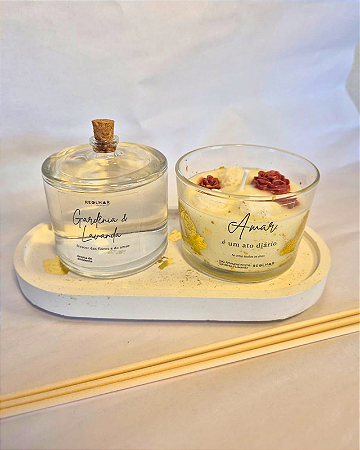 Kit Amar: base + difusor + vela | Gardênia e Lavanda