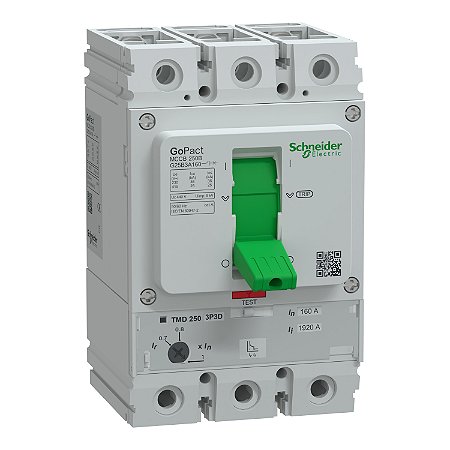Disjuntor, GoPact MCCB 250, 3 polos, 25kA a 415VAC, classificação 160A, unidade de disparo TMD, proteção térmica ajustável - G25B3A160