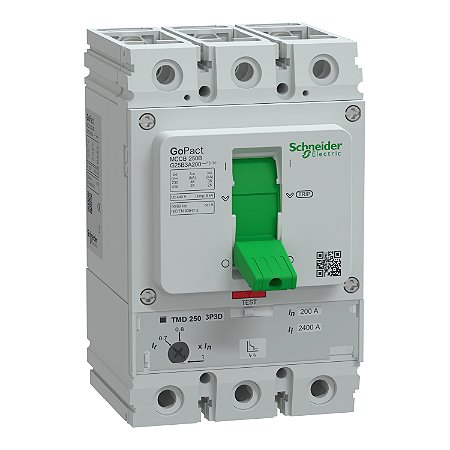Disjuntor, GoPact MCCB 250, 3 polos, 25kA a 415VAC, classificação 200A, unidade de disparo TMD, proteção térmica ajustável - G25B3A200