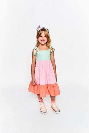 VESTIDO JARDIM DE MARAVILHAS VERDE E ROSA E LARANJA - Alphabeto