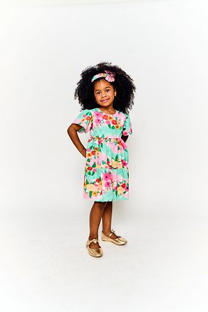 VESTIDO PINCELADA DE FLORES VERDE E ROSA - Alphabeto