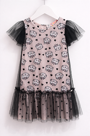 VESTIDO TULE PRETO C ROSA GATINHOS - MON SUCRÉ