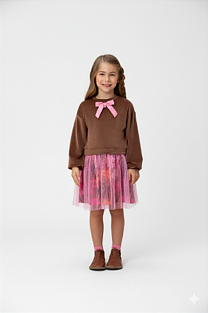 VESTIDO MARRON PLUSH C TULE ROSA - MON SUCRÉ