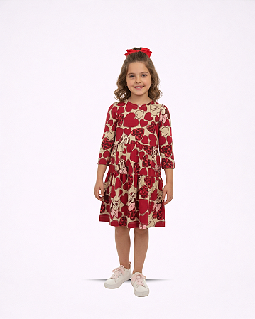 VESTIDO ML MARSALA MINNIE MOUSE CORAÇÕES - ANIMÊ