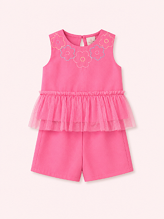 CONJ SHORT E BLUSA ROSA BORDADA FLORES 064 - MON SUCRÉ