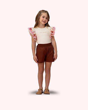 CONJ SHORT MARRON BLUSA CREME MANGAS CORAÇÕES - MON SUCRÉ