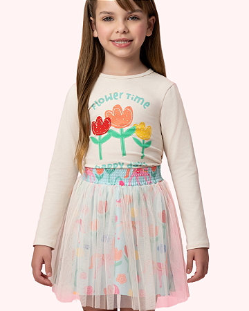 CONJUNTO SAIA TULE CREME BLUSA FLOWER TIME - MON SUCRÉ