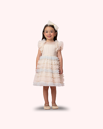 VESTIDO INVERNO BEGE COM FRUFRU DE TULE COLORIDOS - PETIT CHERIE