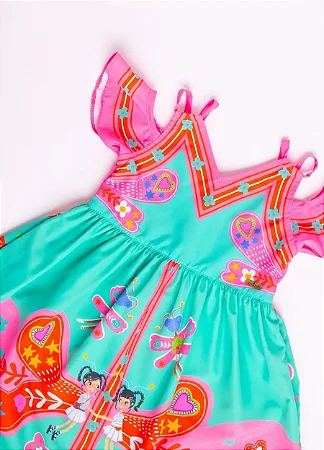 VESTIDO UM DIA DE BORBOLETA ESMERALDA E ROSA