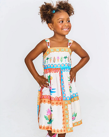 VESTIDO DELICIAS DE VERAO OFF WHITE E LARANJA - ALPHABETO
