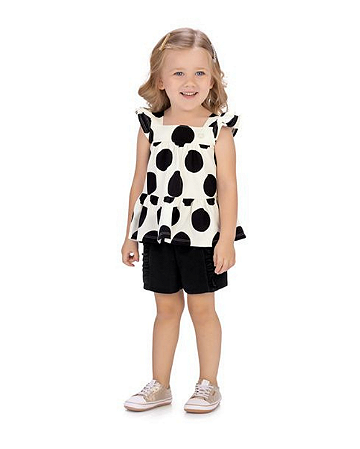 CONJUNTO FEMININO OFF WHITE BOLAS PRETAS - MILON