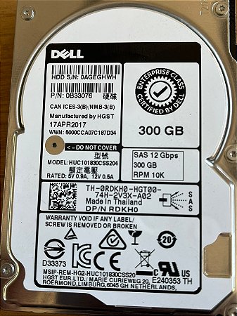 Hd Dell 300gb 10k Sas 12gbps 2,5 Hotplug Pn Rdkh0