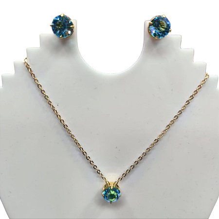 conjunto colar e brinco folheado ouro 18k zirconia redonda azul topazio