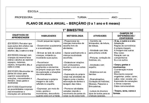 PLANO ANUAL - BERÇÁRIO ( 0 A 1 ANO E 6 MESES) - Tia Renatxinha ...