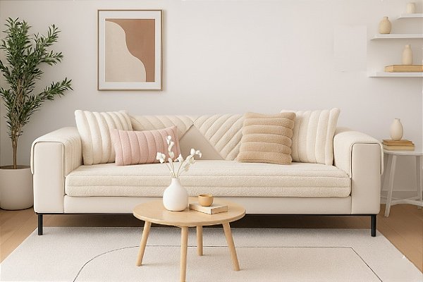 PROTETOR DE SOFÁ 5PÇS (1 ASSENTO + 2 ENCOSTOS + 2 BRAÇOS ) TECIDO ONDAS PELUCIA ANTIDERRAPANTE COR BRANCO OFF