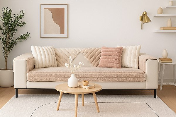 PROTETOR DE SOFÁ 5PÇS (1 ASSENTO + 2 ENCOSTOS + 2 BRAÇOS ) TECIDO ONDAS PELUCIA ANTIDERRAPANTE COR CASTANHO CLARO