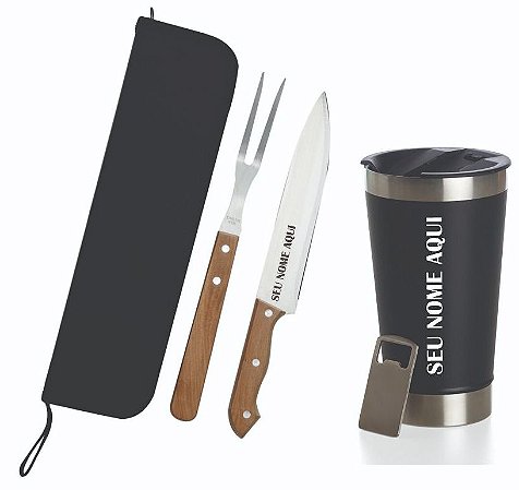 Kit Churrasco 2 Peças + Copo Térmico Personalizado
