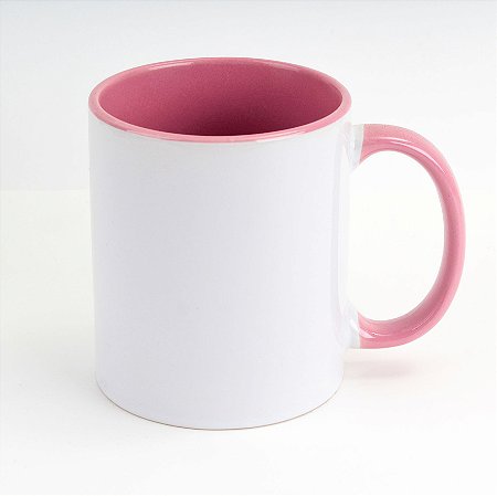 Caneca de Porcelana Branca com Interior, Alça e Borda Rosa