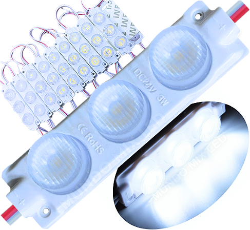 Módulo Led Mega Lente 3030 3W 12v 3-Leds Branco Frio 8000k ip67 12volts 60º Injetado para letreiros