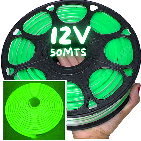Mangueira Neon LED 12V 50MTS 6X12mm Verde Puro 12w/mt Flexível 12volts