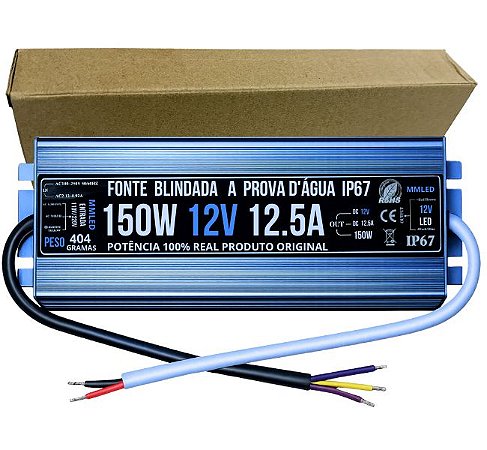 Fonte BLINDADA 150W 12V 12,5A IP67 Prova Dagua Premium 110V-220V Alimentação P/ LEDs 12Volts Cftv