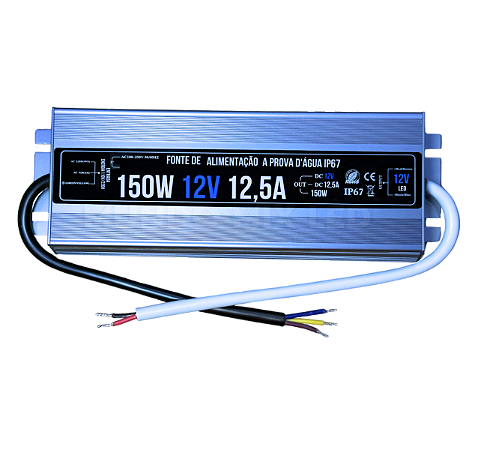 Fonte BLINDADA 150W 12V 12,5A IP67 Prova Dagua Premium 110V-220V Alimentação P/ LEDs 12Volts Cftv