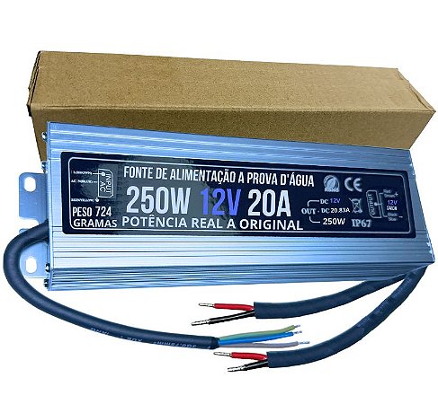 Fonte BLINDADA 250W 12V 20A IP67 Prova Dagua Premium 110V-220V Alimentação P/ LEDs 12Volts