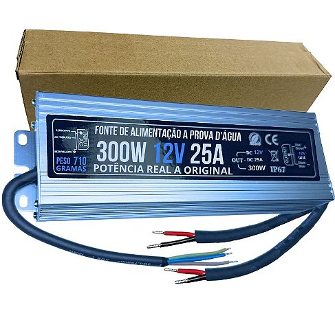 Fonte 100% Blindada 300W 12V 25A Bivolt IP67 Prova Dagua Premium Alimentação 12Volts P/ LEDs Cftv