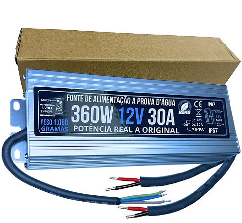 Fonte 100% Blindada 360W 12V 30A Bivolt IP67 Prova Dagua Premium Alimentação 350W 12Volts P/ LEDs Cftv