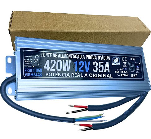 Fonte 100% Blindada 420W 12V 35A Bivolt IP67 Prova Dagua Premium Alimentação 400W 12Volts P/ LEDs Cftv