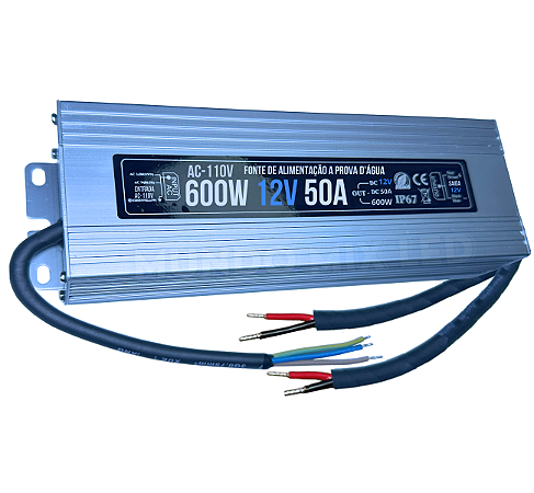 Fonte Blindada 600W 12V 50A AC-110V IP67 Prova Dagua Alimentação P/ Leds Cftv