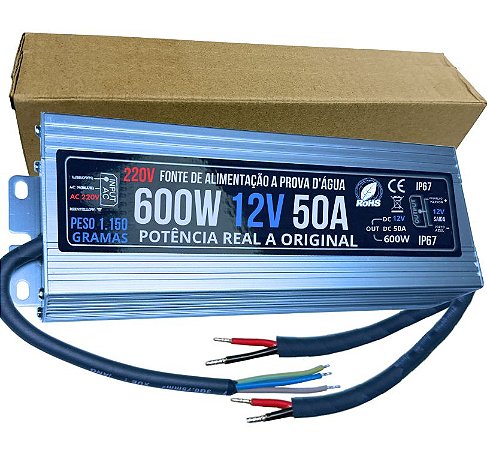 Fonte 100% Blindada 600W 12V 50A AC-220V IP67 Prova Dagua Premium Alimentação 12Volts P/ LEDs Cftv
