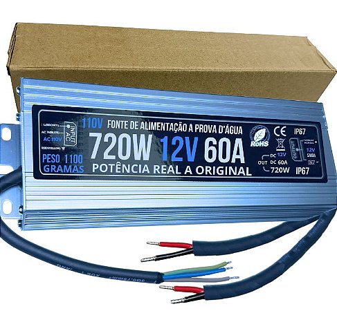 Fonte 100% Blindada 720W 12V 60A AC-110V IP67 Prova Dagua Premium Alimentação 700W 12Volts P/ LEDs Cftv
