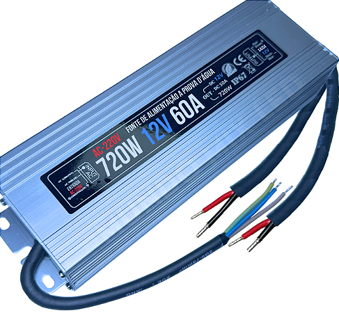 Fonte Blindada 720W 12V 60A AC-220V IP67 Prova Dagua Alimentação P/ Leds Cftv