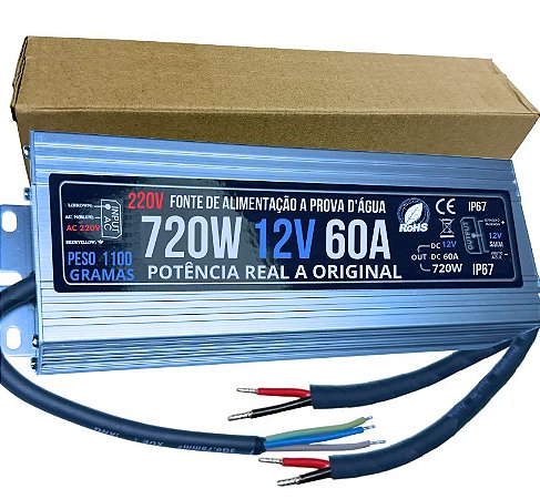 Fonte 100% Blindada 720W 12V 60A AC-220V IP67 Prova Dagua Premium Alimentação 700W 12Volts P/ LEDs Cftv