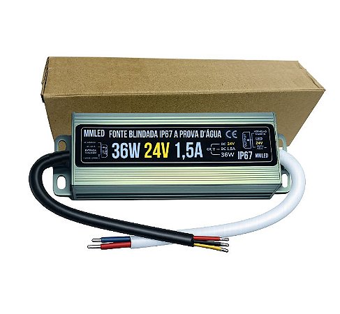 Fonte Blindada 24V 36W 1,5A 24Volts IP67 Prova Dagua 110V-220V Alimentação P/ LEDs Cftv 24V