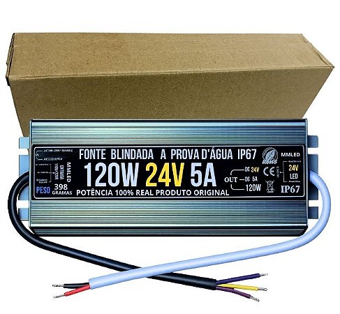 Fonte Blindada 120W 5A 24V Ip67 Prova Dagua 110V-220V Alimentação P/ Leds Cftv