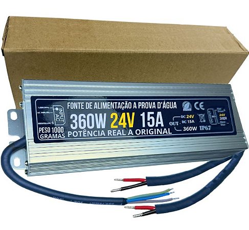 Fonte 100% Blindada 360W (( 24V )) 15A Bivolt IP67 Prova Dagua Premium Alimentação 350W 24Volts P/ LEDs Cftv