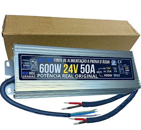 Fonte 100% Blindada 600W (( 24V )) 25A AC-110V IP67 Prova Dagua Premium Alimentação 24Volts P/ LEDs Cftv