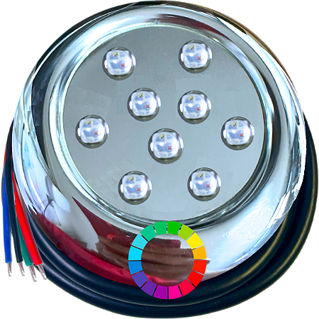Luminária Refletor INOX P/ Piscinas RGB 12w 12v IP68 80mm Rosca 1/2 21mm Prova D’água