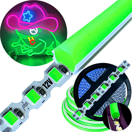 Neon Segunda Geração Flex + Fita Led 6mm Verde Puro Dobrável 12v 10w/mt 120led/mt Alto Brilho