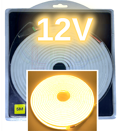 Mangueira Neon LED 12V 5mts 6X12mm Branco Quente 3000k 12w/mt Flexível Corte 2,5cm 12volts
