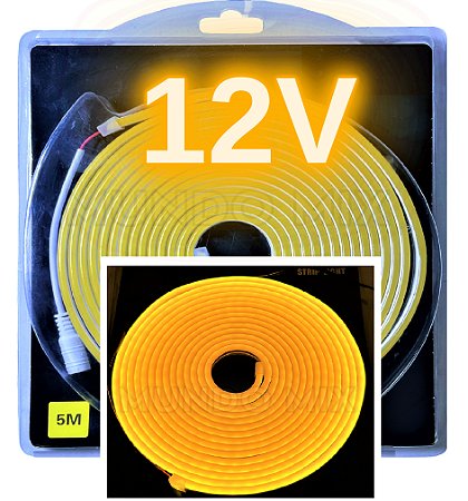 Mangueira NEON LED 12V 5MTS 6X12MM AMARELO ÂMBAR 12W/MT Rolos C/ 5 Metros Flexível Alto Brilho Corte 2,5cm 12volts